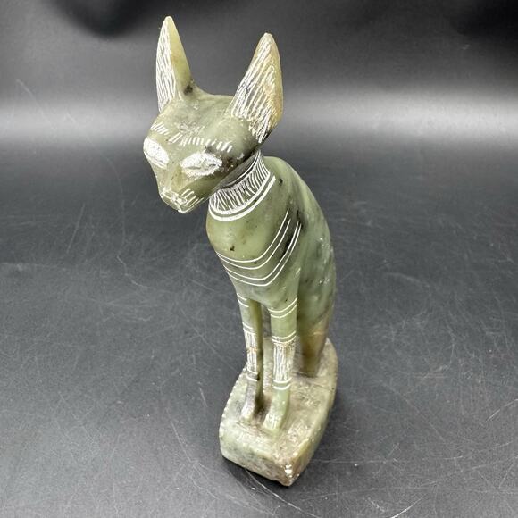 Egyptian Cat of Goddess Bastet Statue Sculpture Figurine Green 7” Tall Stone Vtg - Picture 7 of 8